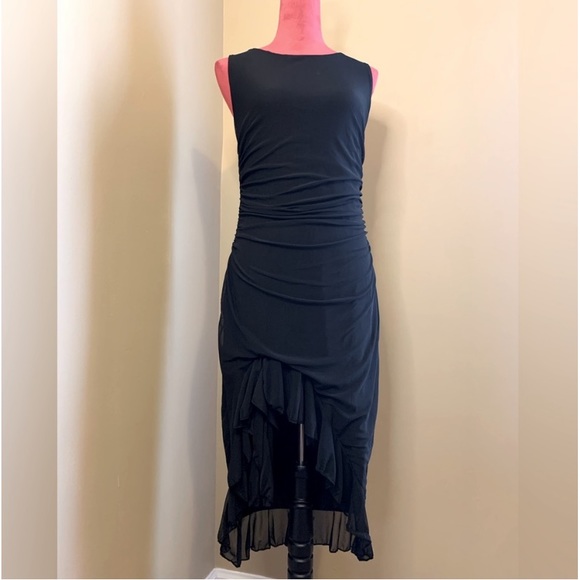 BLACK ASYMMETRICAL RUFFLE HEM RUCHED DRESS - Picture 8 of 13
